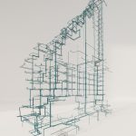 Intricate 3D rendering of a building's structural and MEP systems.