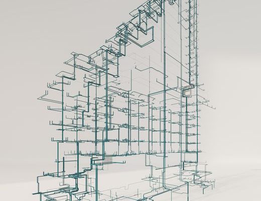 Intricate 3D rendering of a building's structural and MEP systems.