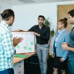 Diverse team discussing project progress with a board in a modern office.